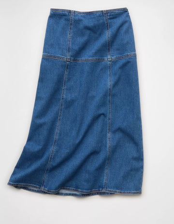 Low‑Rise Draped Denim Midi Long Skirt